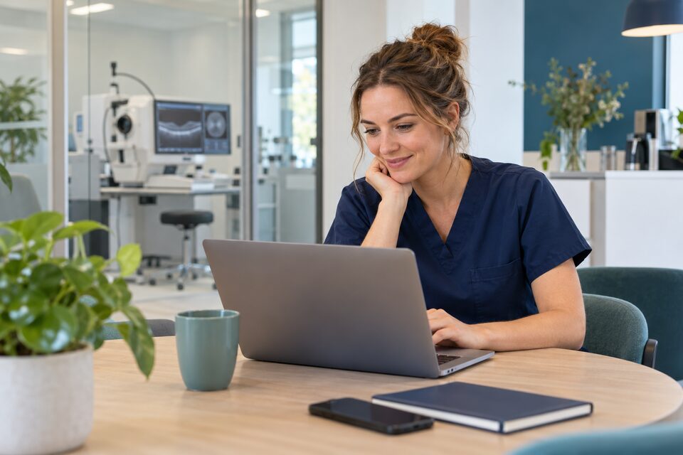 Een arts in opleiding tot oogarts bekijkt vacatures op zijn laptop.