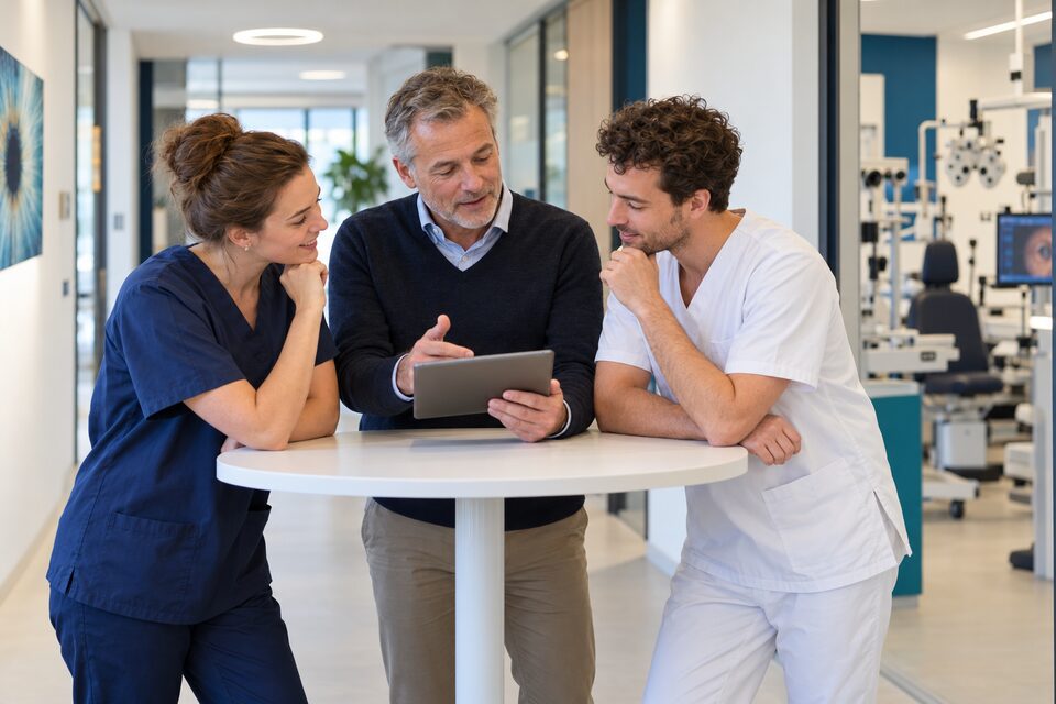 Een kliniekmanager bespreekt de planning met een orthoptist en een TOA.