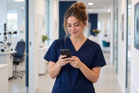 Een assistent in de oogkliniek bekijkt een vacature op haar telefoon